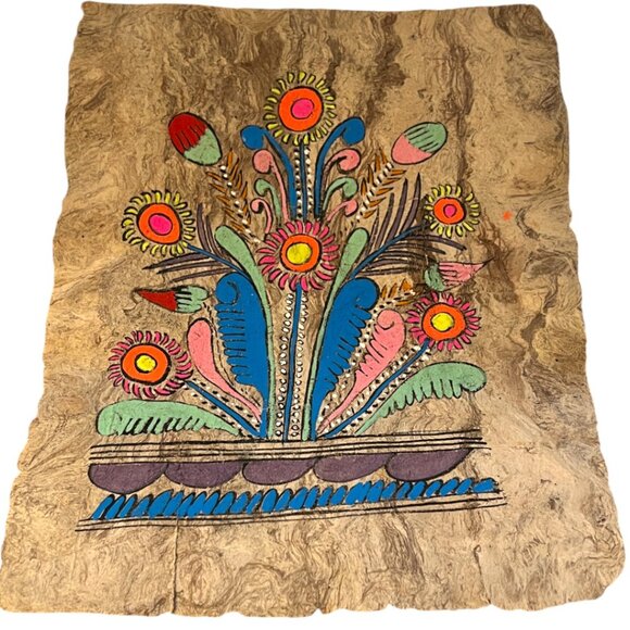 Vintage Mexican Amate Bark Painting – Floral Hand-Painted FOLK ART w/ Burlap Mat - Picture 5 of 16
